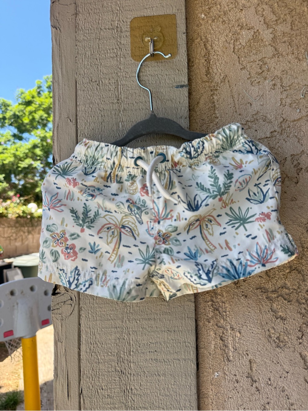 Kids White Tropical Print Swim Trunks with Drawstring